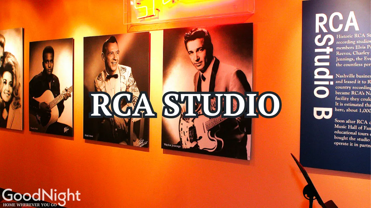 An interior view featuring black and white photographs of legendary musicians along with the RCA Studio B sign, evoking Nashville’s musical heritage. The setting invites exploration of history and the legacy of country music.