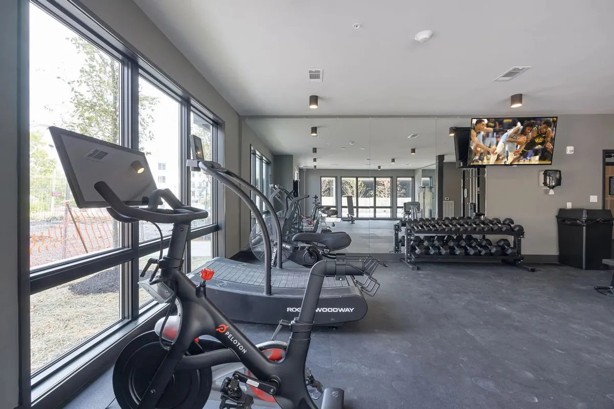 A spacious, modern gym featuring a Peloton bike, treadmill, dumbbell rack, large windows, and a TV screen, designed to accommodate both solo and group workouts.